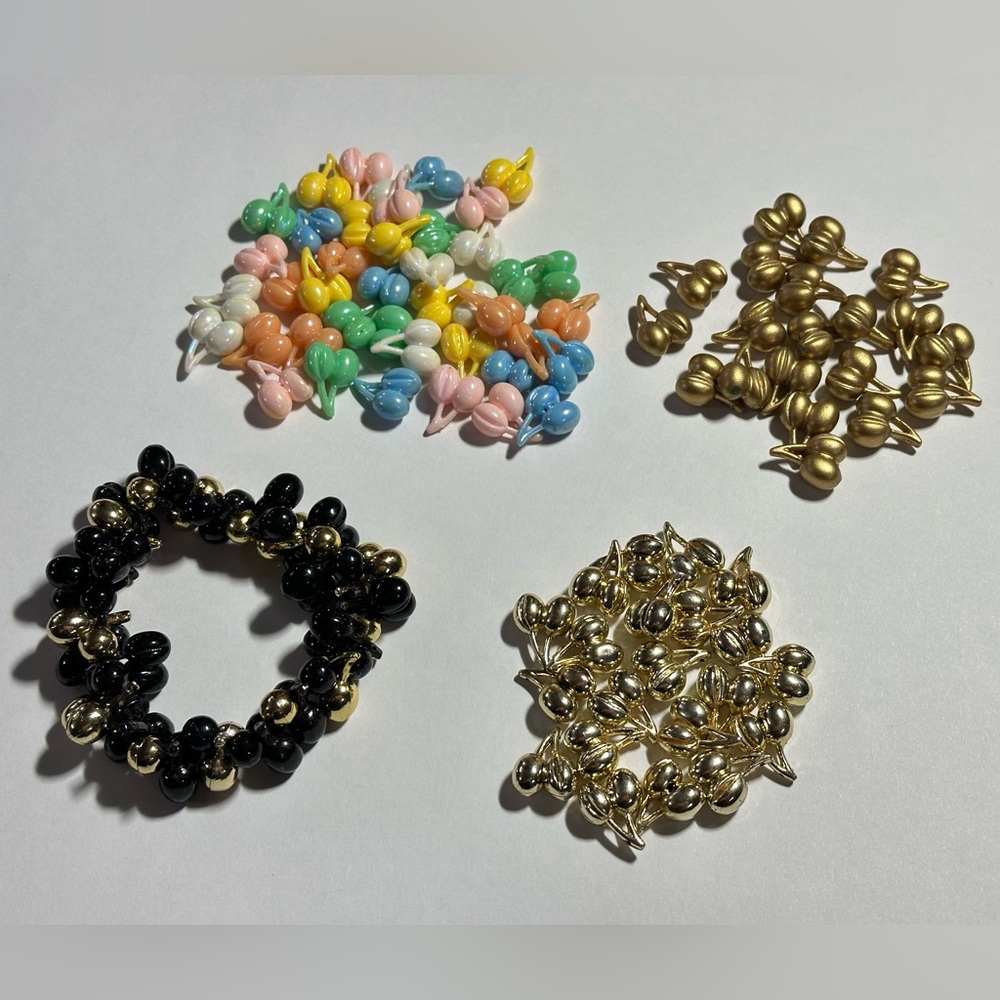 Vintage Plastic Double Cherry Beads Japan Pastel Metallic Matte Gold DIY Craft